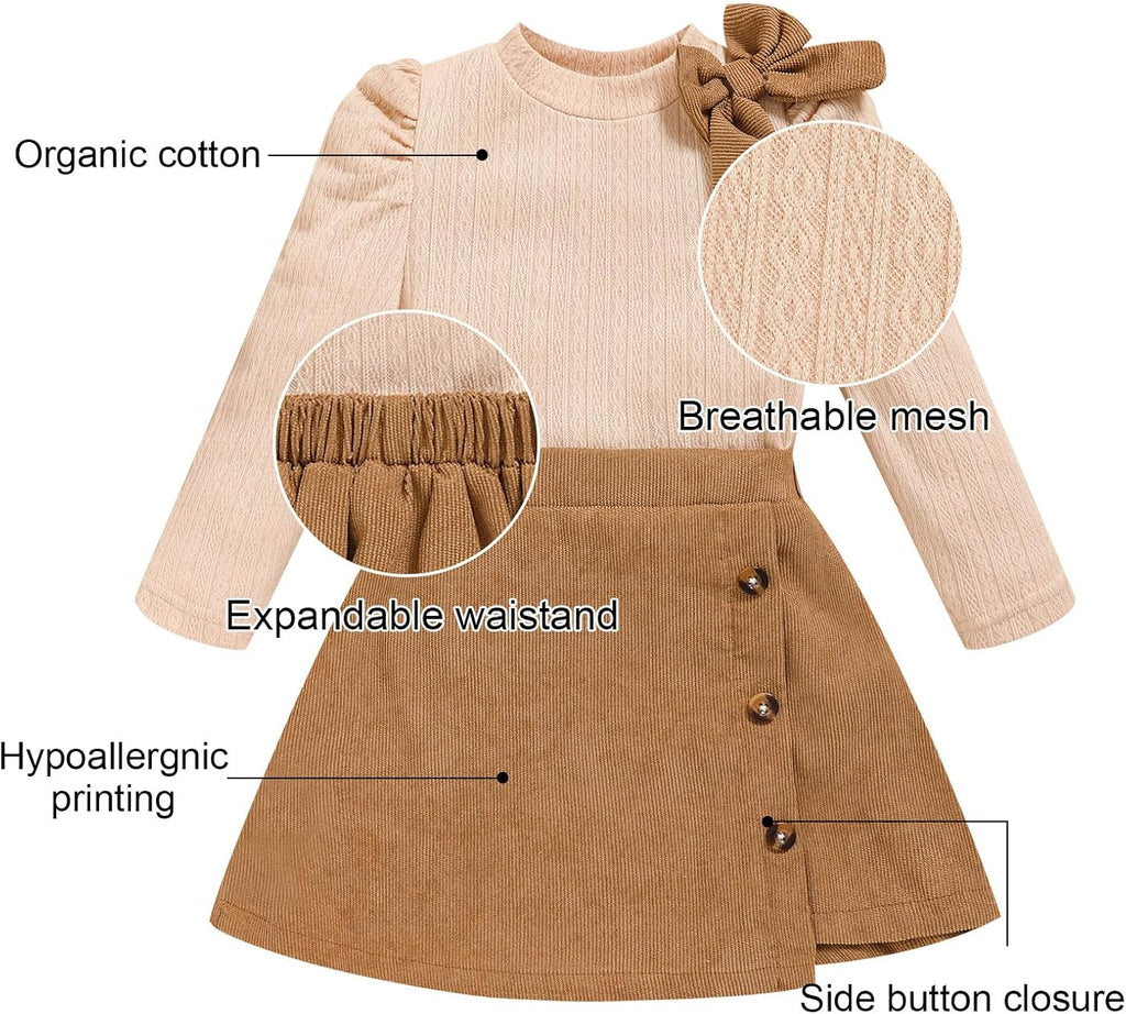 Toddler Girl Plaid Outfits Fall Winter Dress Knit Ribbed Bow Sweatshirt Tops and Button Fashion Skirts Set