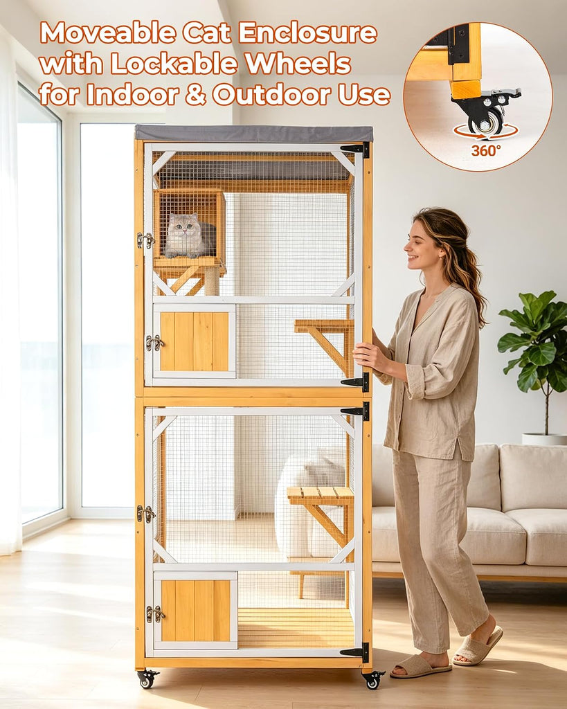 71.7" Catio Outdoor Cat Enclosure, 4 Tier Wooden Cat House with Wheels, Indoor Outdoor Cat Cage with Window Access