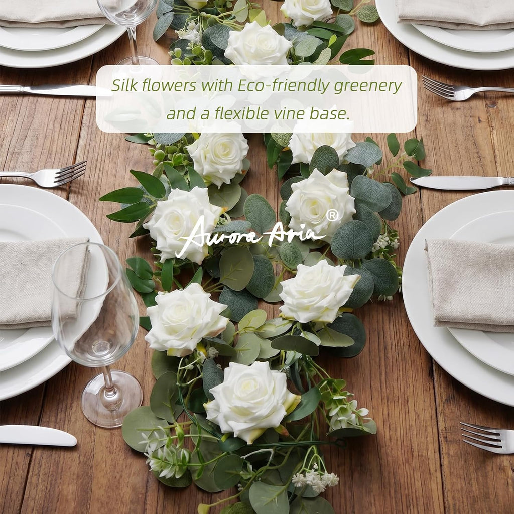 Artificial Flower Garland, White Rose Eucalyptus Vine, 2 Pack 12 ft Total, 6 ft Each, for Wedding Arch, Bridal Shower - Set of 2
