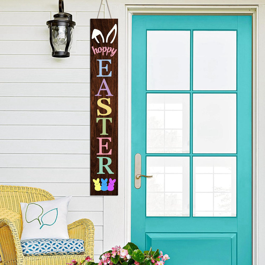 Happy Easter Wooden Porch Sign 47" Bunny Large Welcome Sign Vertical Indoor Outdoor Standing Sign For Garden Home