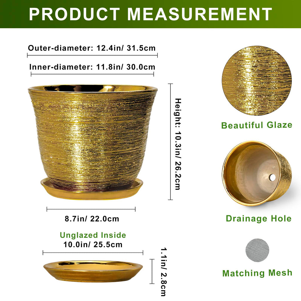 Ceramic Pots for Plants - 12 Inch Planter for Indoor Outdoor, Round Plant Pot with Drainage Hole and Saucer