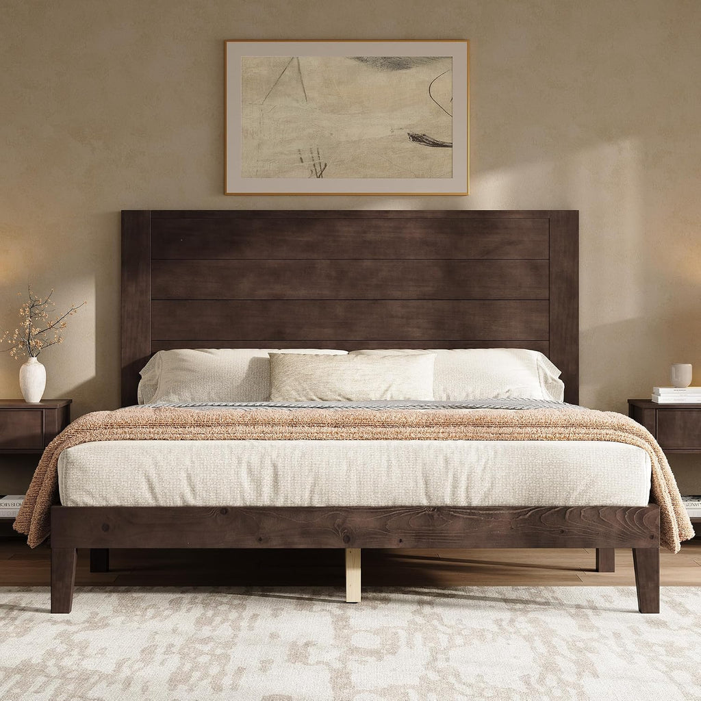 Queen Bed Frame with 48" Tall Headboard, Mid Century Modern Solid Wood Platform Bed with Silent Wood Slat System, No