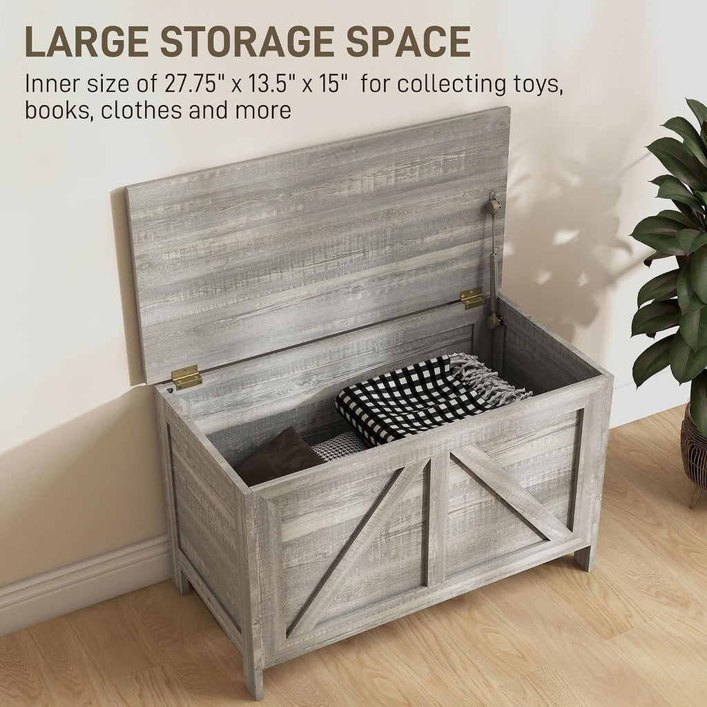 30" Farmhouse Storage Bench Lift Top Storage Chest in Light Gray | Safety Hinge, Open Up 100°, Wooden Trunk, Bedroom