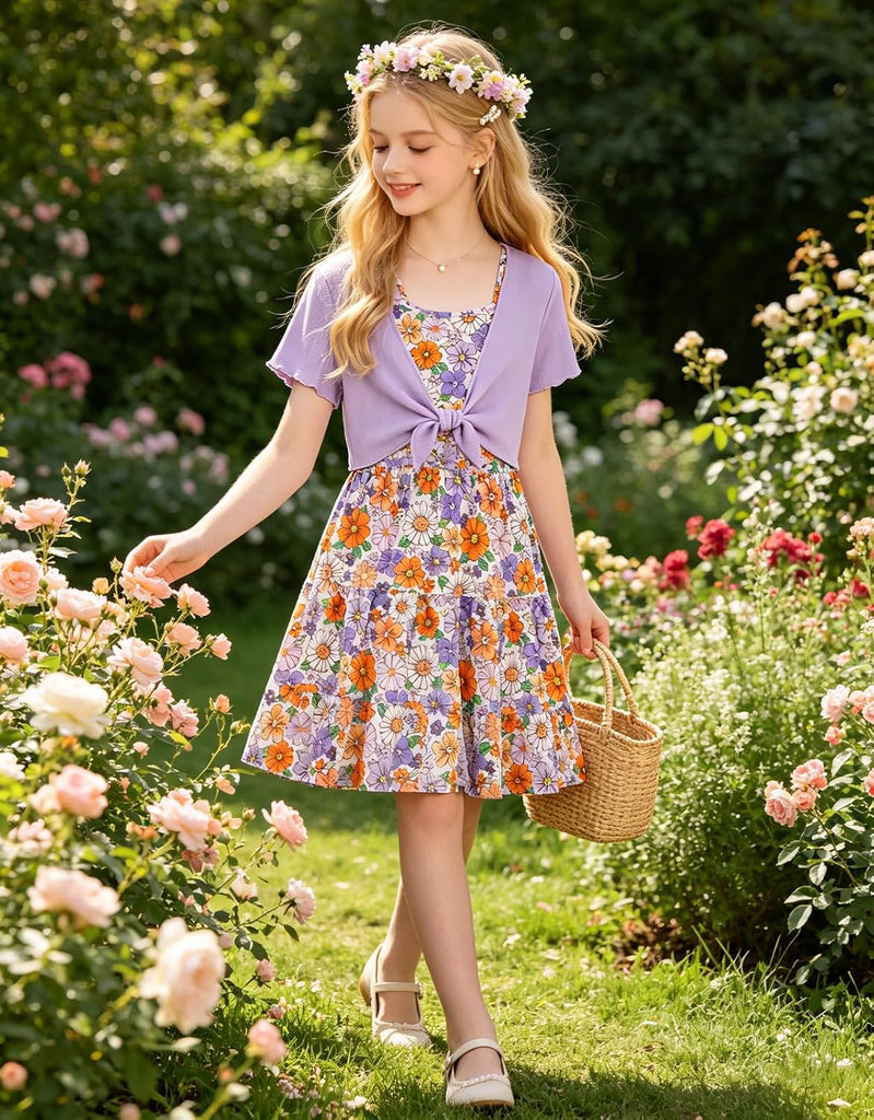Girl Summer Dresses with Short Knot-Front Cardigan