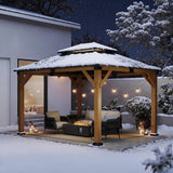 10' X 12' Wood Gazebo Hardtop Outdoor Permanent Pavilion with Double Galvanized Steel Roof Snow Support