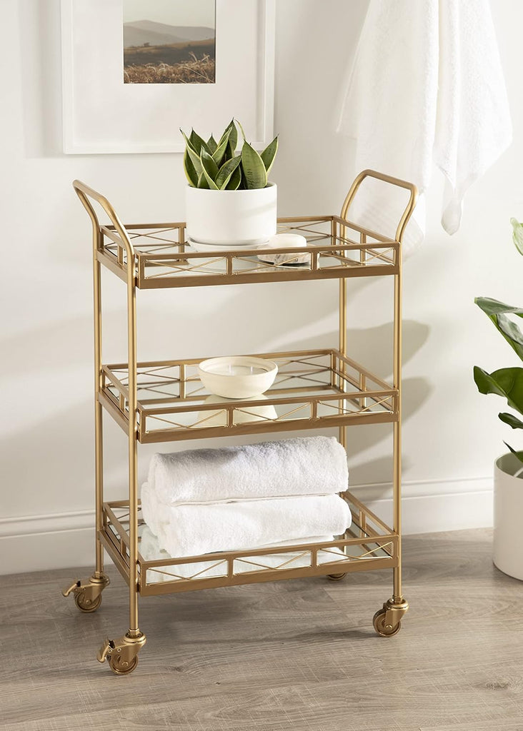 Ketia Glam Metal Bar Cart; 23 x 13 x 34; Gold; Glamorous Three Tier Gold Bar Cart for Display and Storage