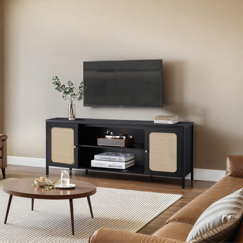 Rattan TV Stand for TVs up to 75'' Boho Entertainment Center with Adjustable Shelf Television Stand with 2 Storage