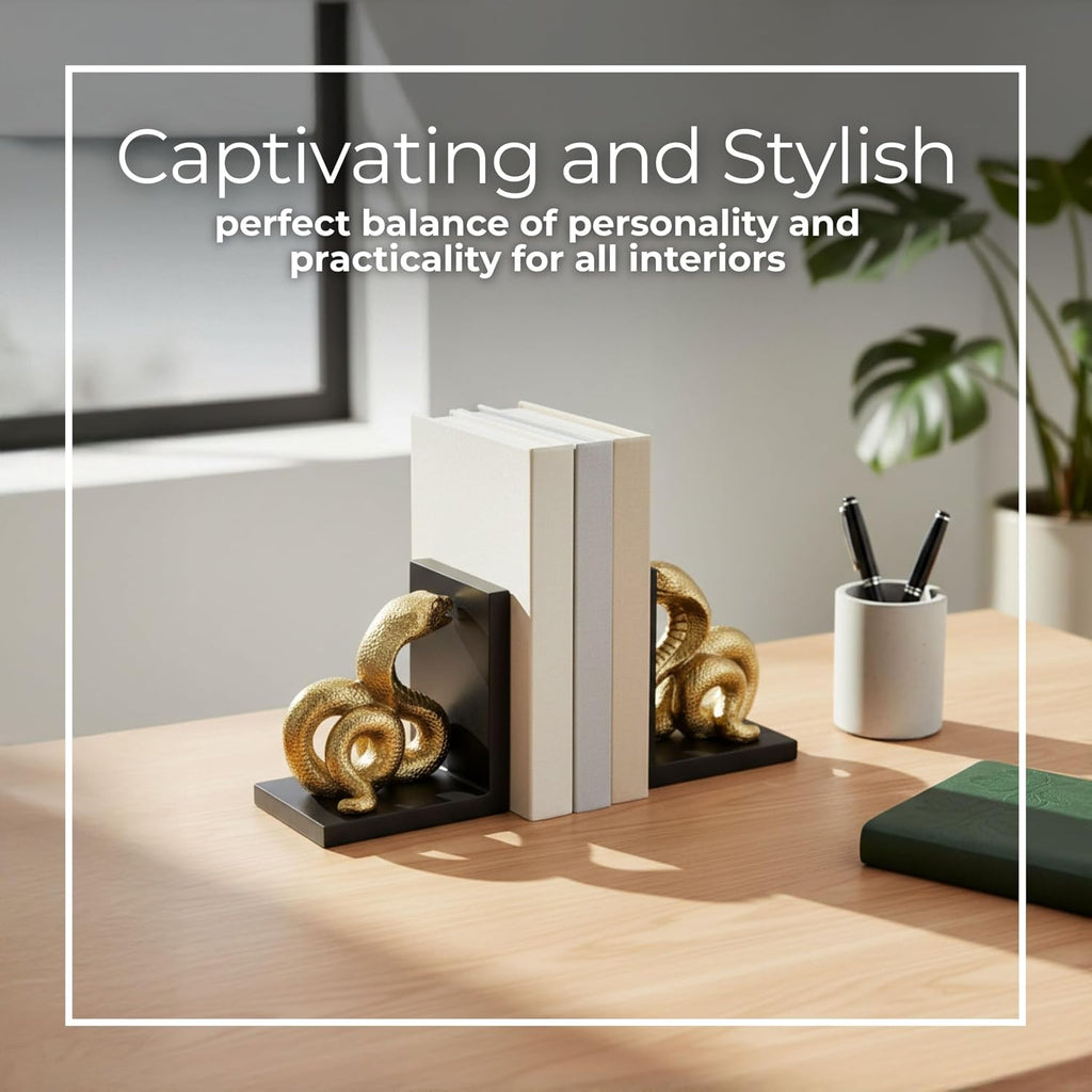 Elegant 6-Inch Polyresin Snake Bookends in Striking Gold and Black