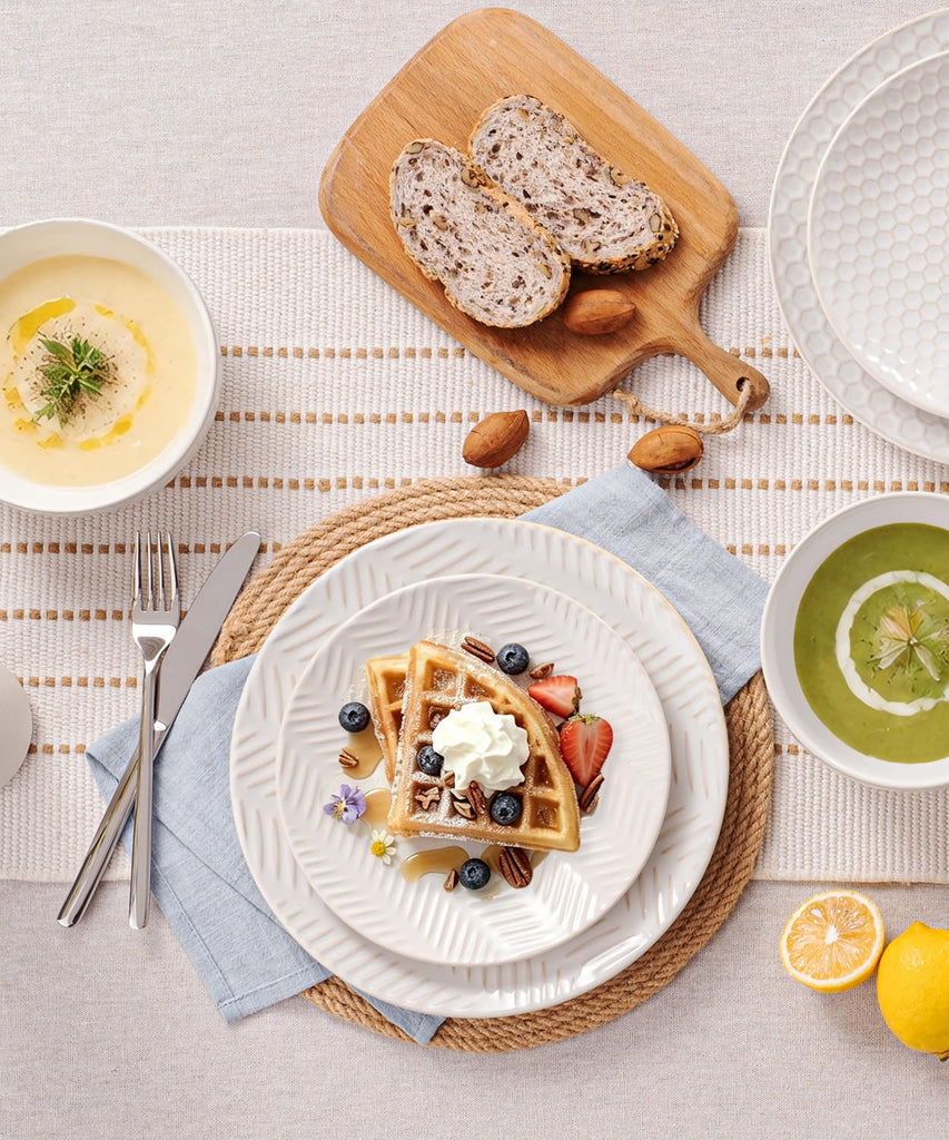 Embossed Ceramic Dinnerware Set for 4, 12-Piece White Plates and Bowls Set, Modern Farmhouse Tableware with 10" & 8"