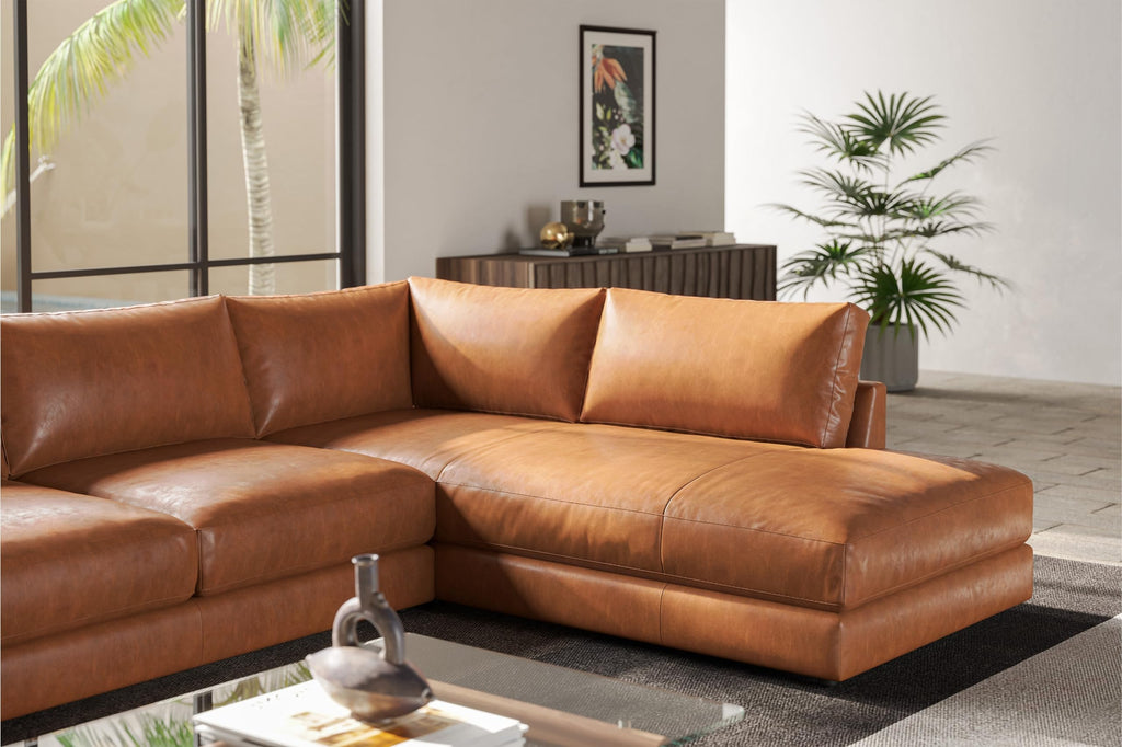 Serena 108" Full Leather Sectional Sofa with Right Bumper | Nappa 11000 Leather, Modern Low Profile Lounge Sofa | L