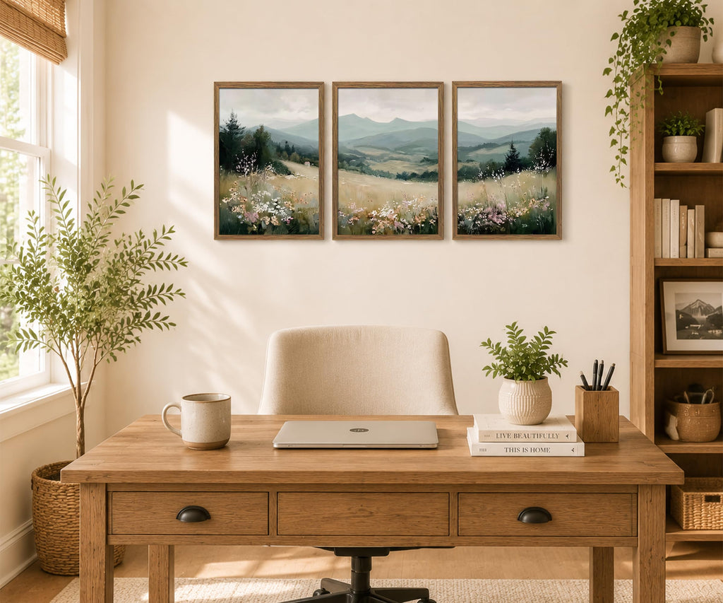 Minimalist Mountain Triptych Wall Art Set of 3, Foggy Wildflower Canvas