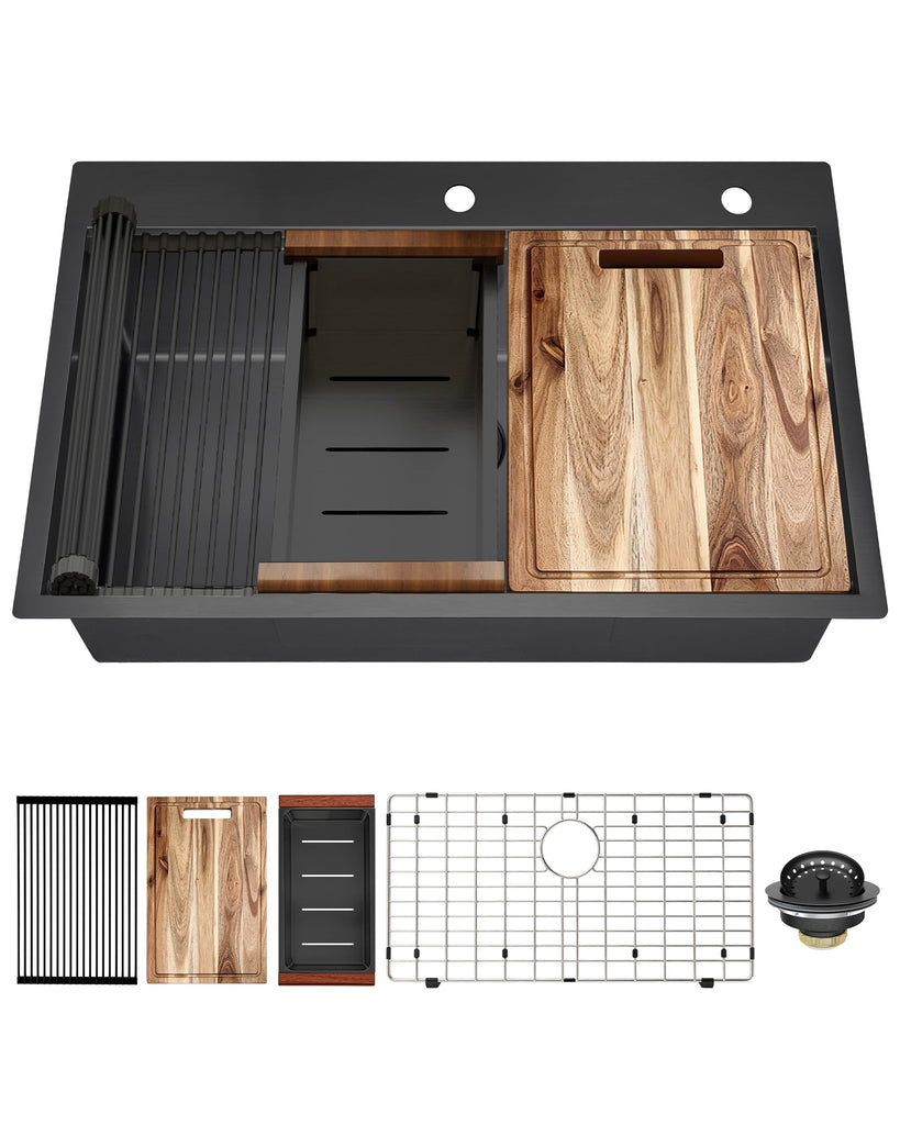 33x22 Gunmetal Black Drop Sink Workstation Sink with Faucet