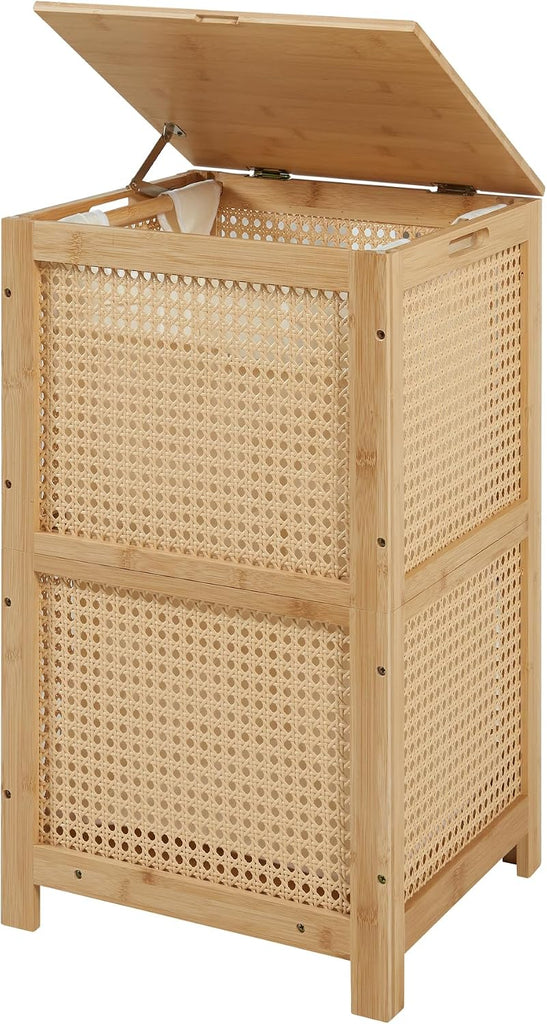 Bamboo Wicker Laundry Hamper Basket with Lid, 13 Gal/50L, Natural | Woven Wicker, Boho Bamboo Frame, Removable