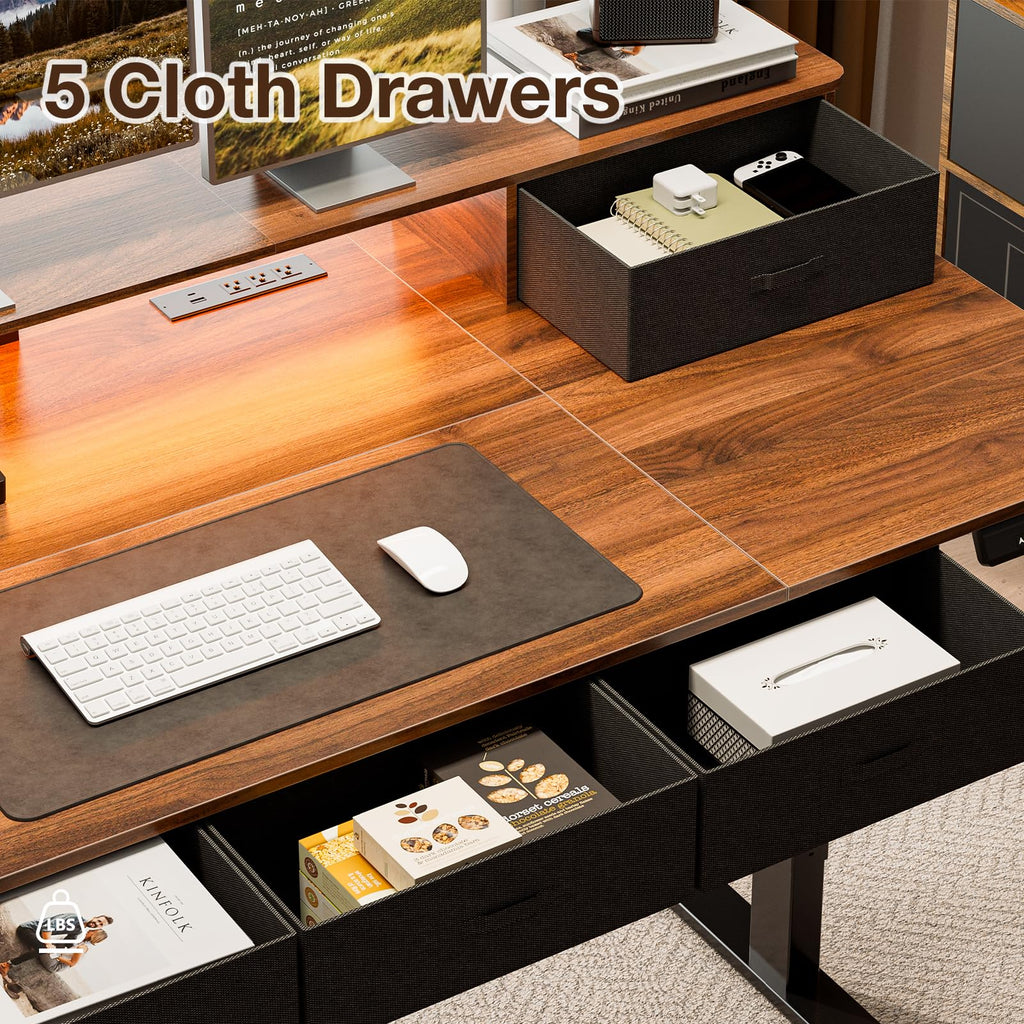 63x32" Electric Standing Desk with 5 Drawers, Power Outlets, LED Light