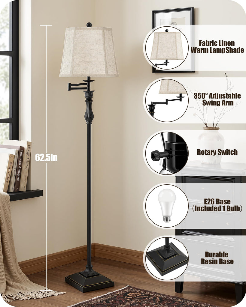 62" Black Floor Lamp with 350° Adjustable Swing Arm