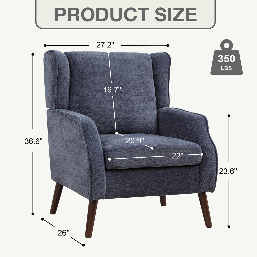 Accent Chair, Mid Century Modern Wingback Chair, Upholstered Fabric Armchair with Lounge Seat and Wood Legs