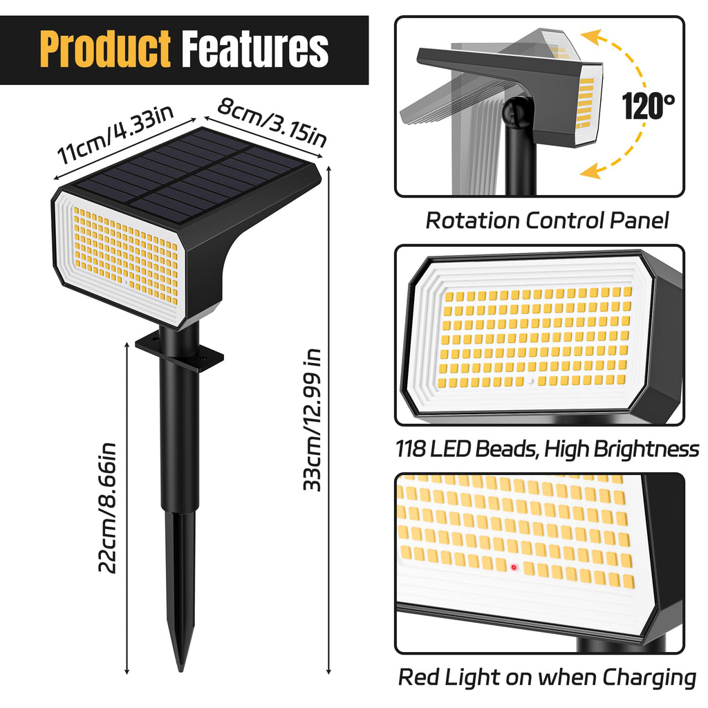 Solar Spot Lights Outdoor Waterproof, 6 Pack, 118 LED Warm White