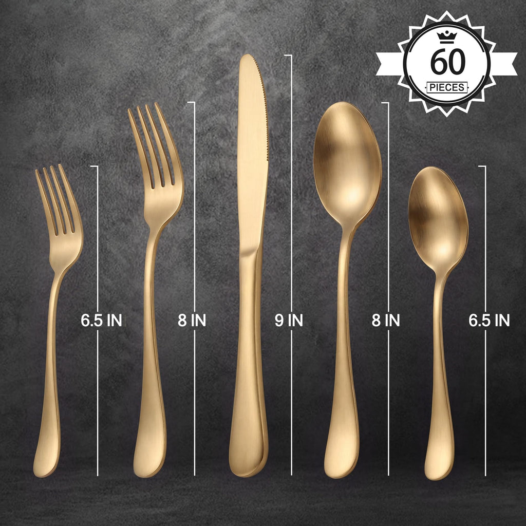 60 Piece Matte Gold Silverware Set for 12, Stainless Steel Flatware