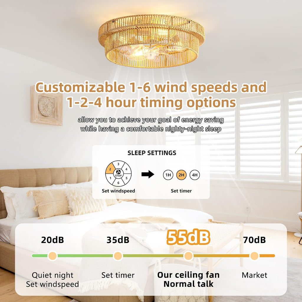 Rattan Boho Ceiling Fan with Light Flush Mount, 20 Inch Caged Ceiling Fans with Light and Remote Control, Low Profile