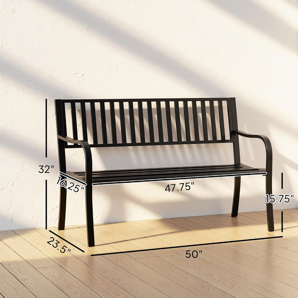 50" Outdoor Garden Bench Patio Bench with Slatted Seat Metal Black | Porch Bench, Backyard, Poolside, Lawn