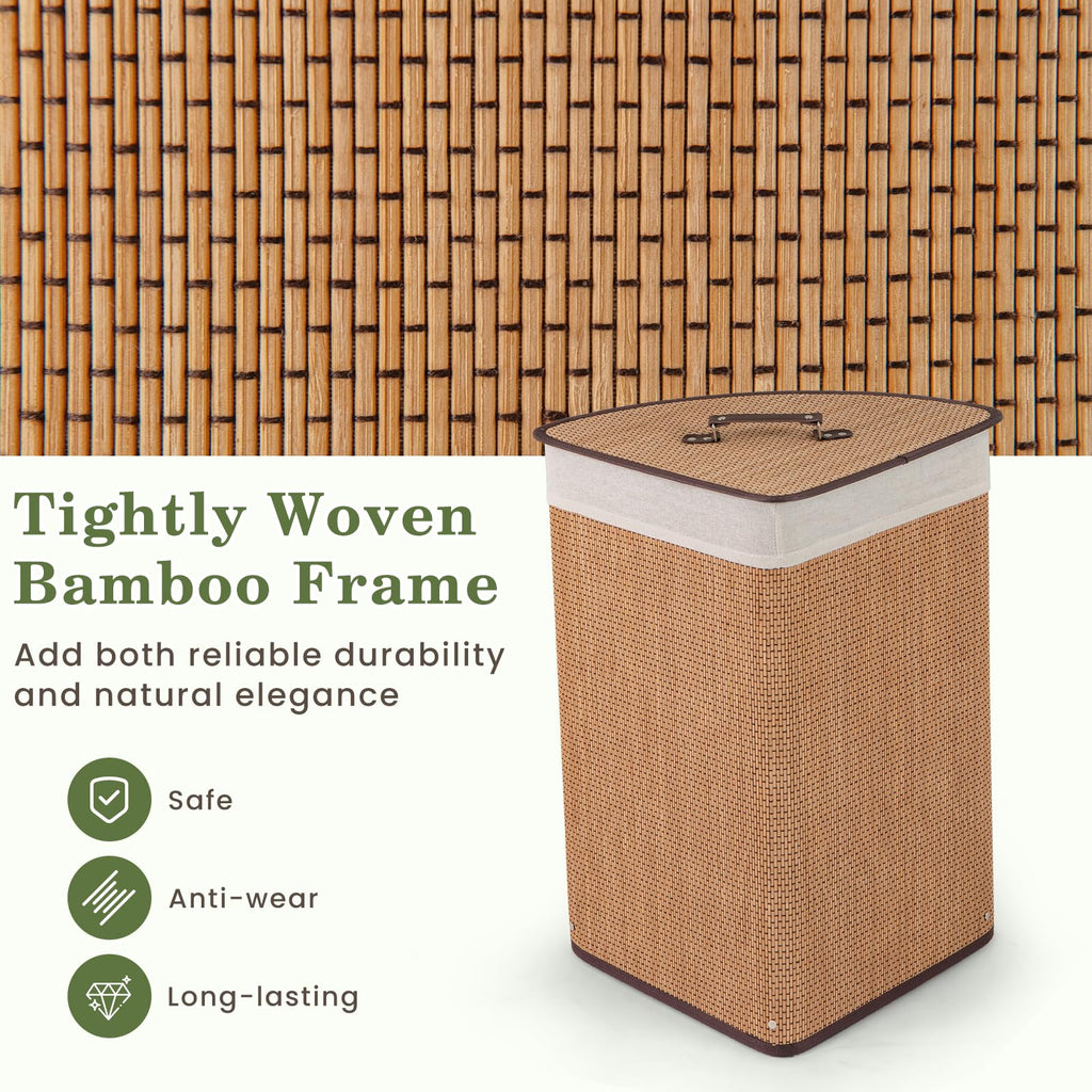 Corner Bamboo Laundry Hamper with Lid and Removable Liner, Bamboo