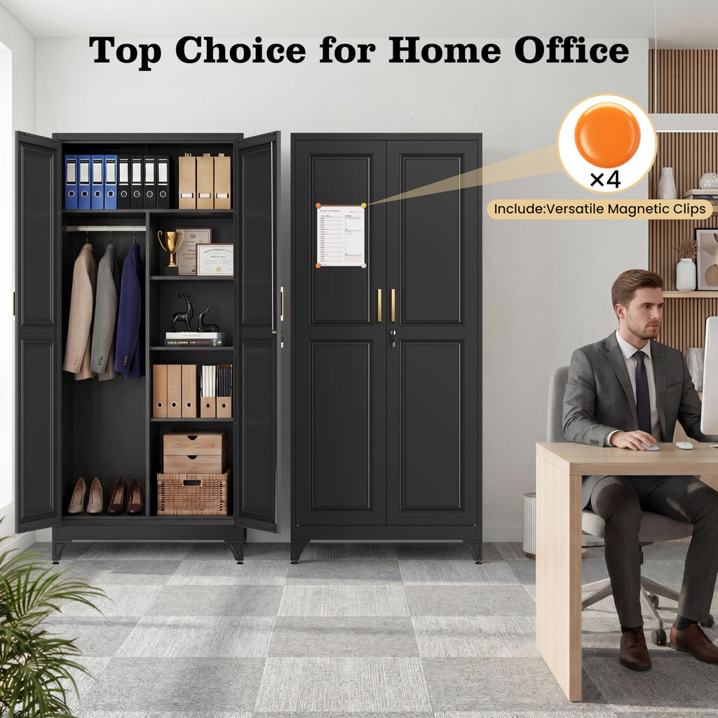 71" Metal Armoire Wardrobe Closet with Doors & Lock, Black