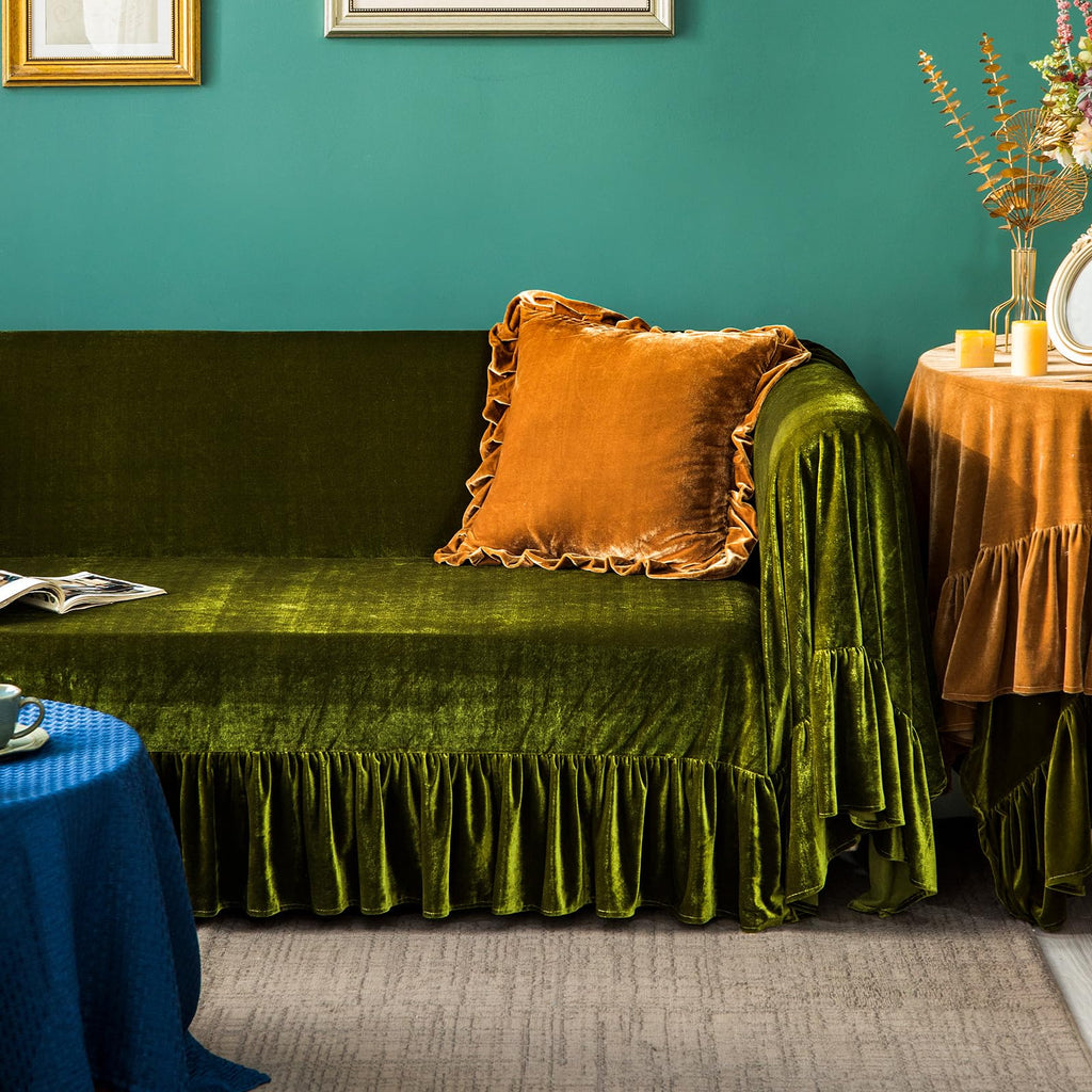 Velvet Sofa Cover Soft Decorative Luxurious Solid Exquisite Ruffle Trim, Retro Farmhouse Vintage Sofa Slipcover Couch