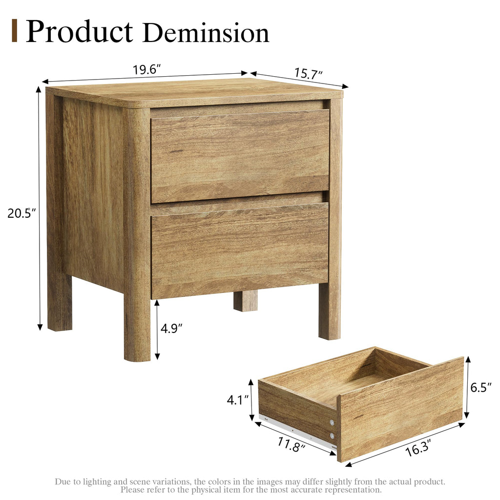 Mid Century Oak Nightstand with 2 Drawers, Modern Wooden Bedside Table with Hidden Handles and Wood Legs