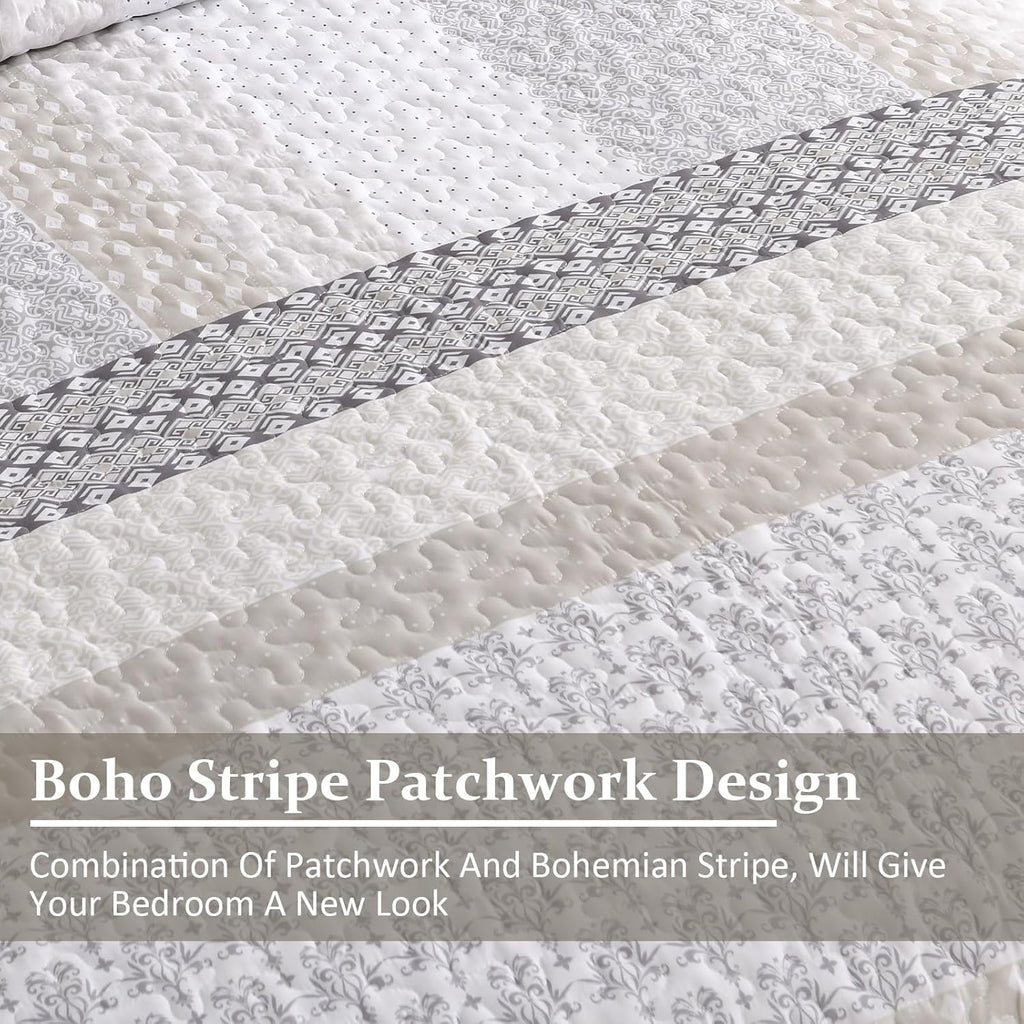 Beige Quilt Queen, Bohemian Stripe Quilt Sets 3 Pieces Beige Boho Quilted Bedspread Set Lightweight Microfiber