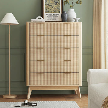 Fluted 5 Drawer Dresser, 43.3" Tall Dressers with Round Corner, Mid-Century Modern Wood Chest, Entry