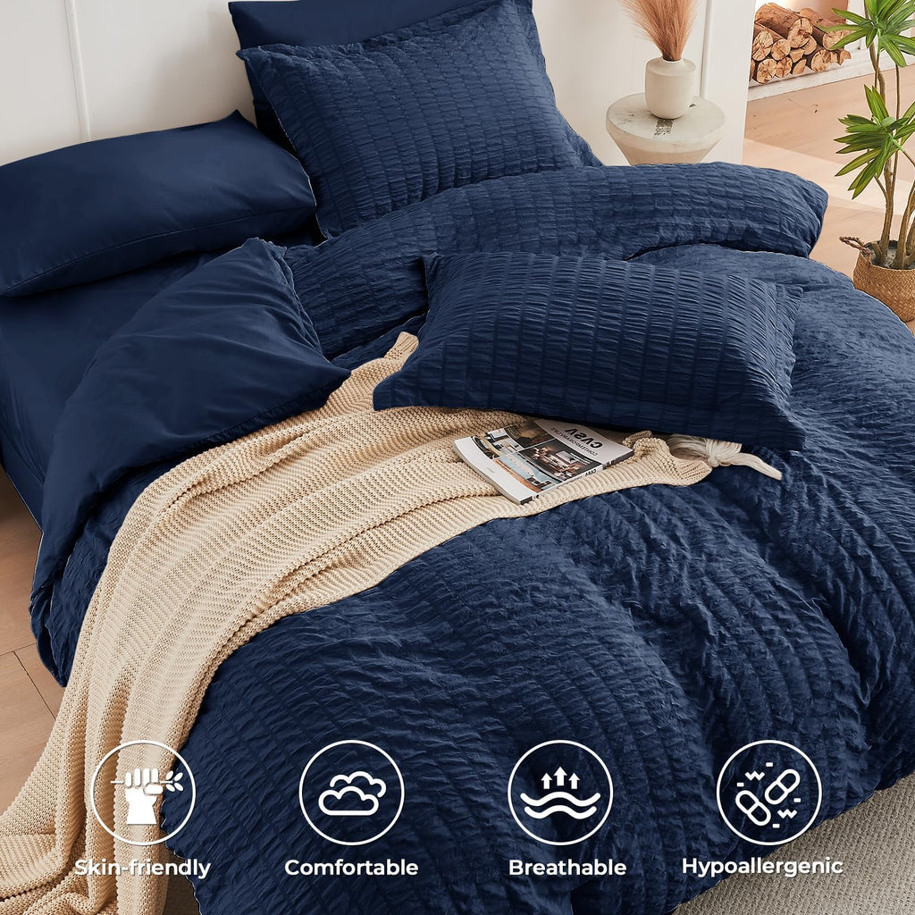 Duvet Cover, Seersucker Bedding Set, 3 Pieces, Navy Blue