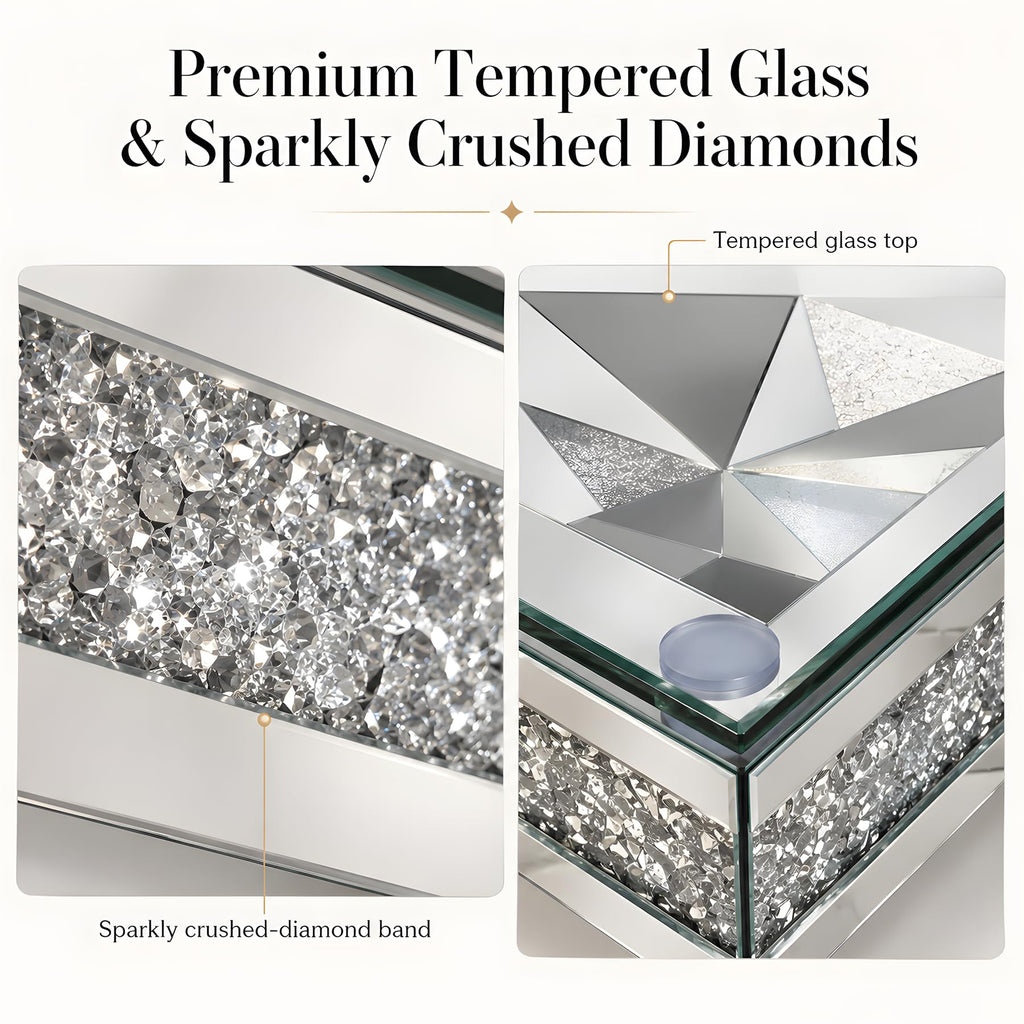 Mirrored Coffee Table with Crushed Diamonds, 31.5" Square Glass Center Table, Drop-Tested Shatterproof Packaging