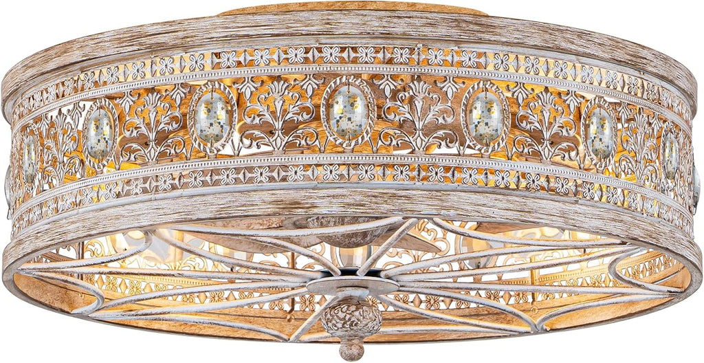 Farmhouse Fandelier Ceiling Fan with Light and Remote,Rustic Country Cottage Crystal Caged Wood-Look Light Fixture