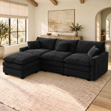 108 Inch Cloud Couch Sectional, Modular Sectional Sofa with Ottoman, Black