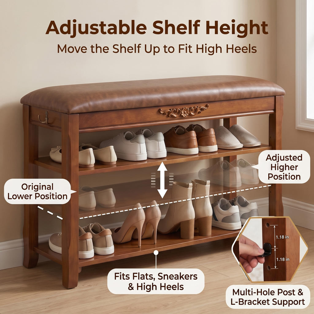 Solid Wood Shoe Rack Bench Entryway Storage with Leather Cushion, 31.5"