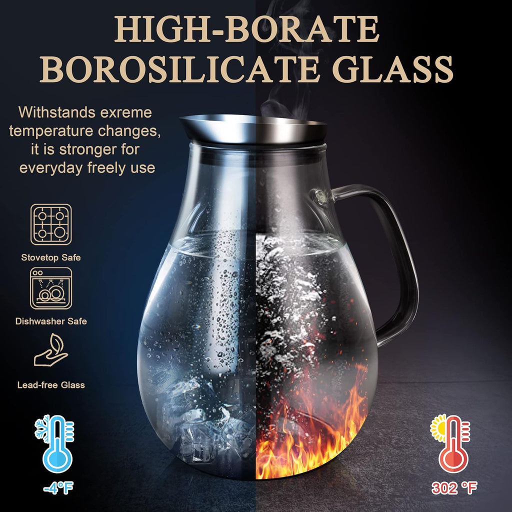 2 Liter Glass Pitcher, Water Pitcher with Removable Lid And Wide Handle, Easy Clean Juice Jug for Fridge, Beverage