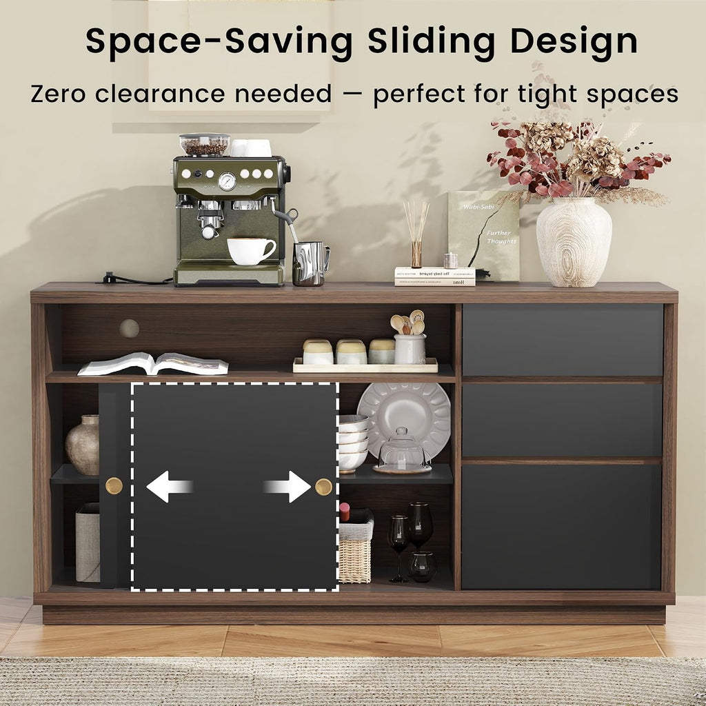 60" Lateral File Cabinet with 3 Dawers, Open Shelves | File Cabinets for A4 / Letter Documents, Wide Credenza w/