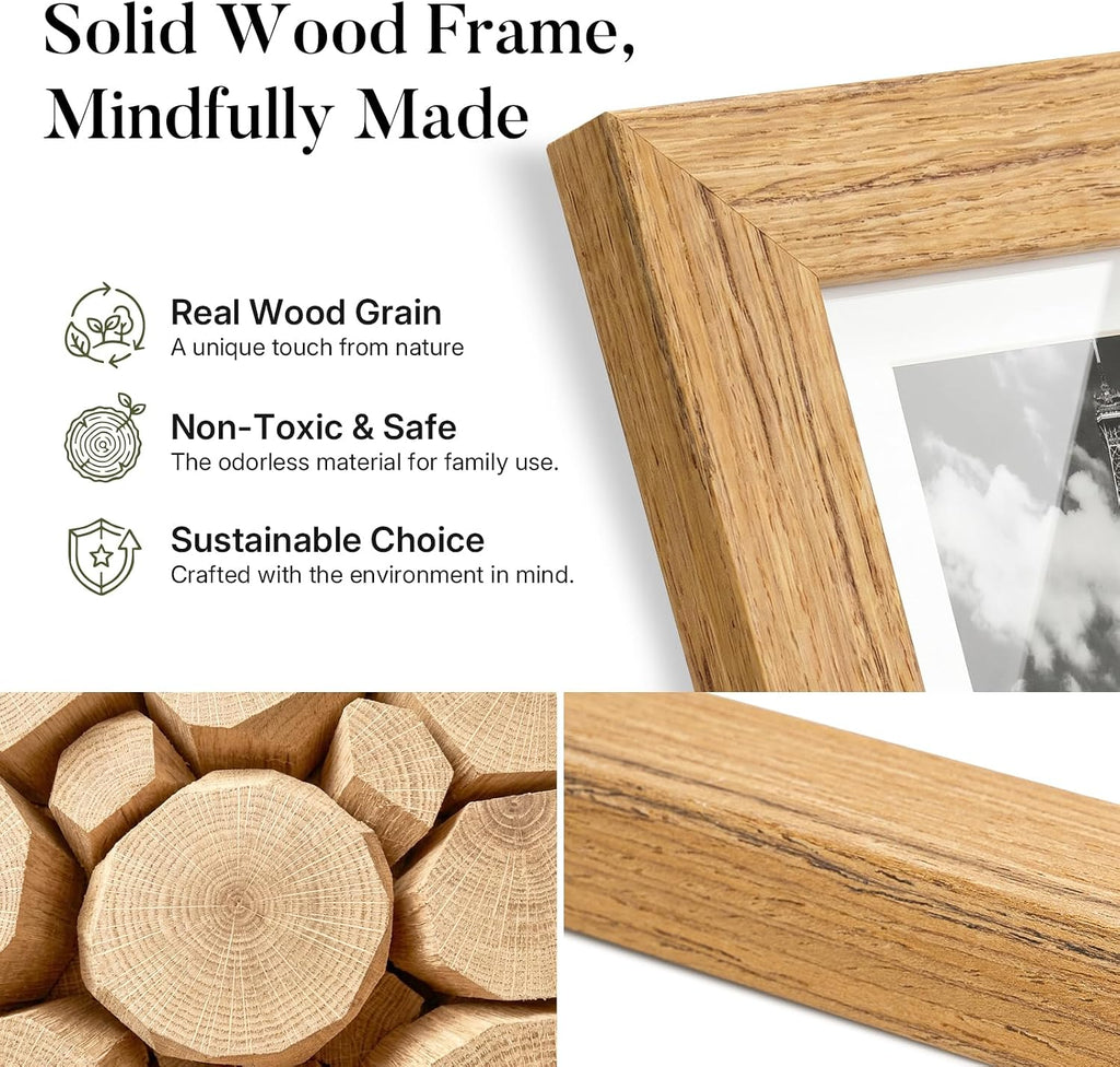 8x10 Picture Frame Set of 3, Tempered Glass, Natural Oak | Solid Wooden Photo Frame, Fits Photo 8x10 without Mat or