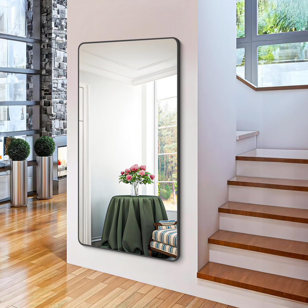 Bathroom Mirror 30" X 60", Large Rectangular Wall Mirror, Black Metal Framed Rounded Corner Wall Mounted Mirror