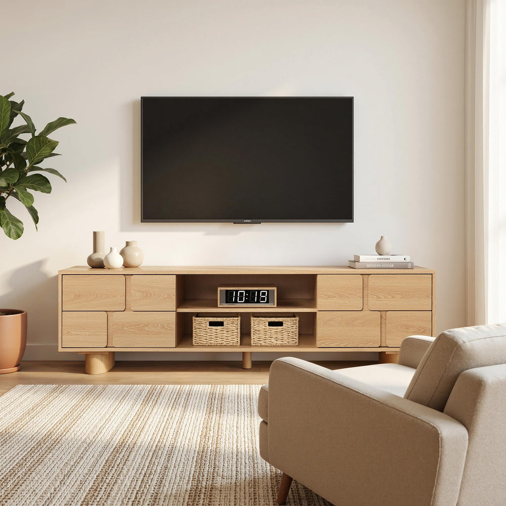 Japandi TV Console Stand 63" 3D Textured Doors Credenza