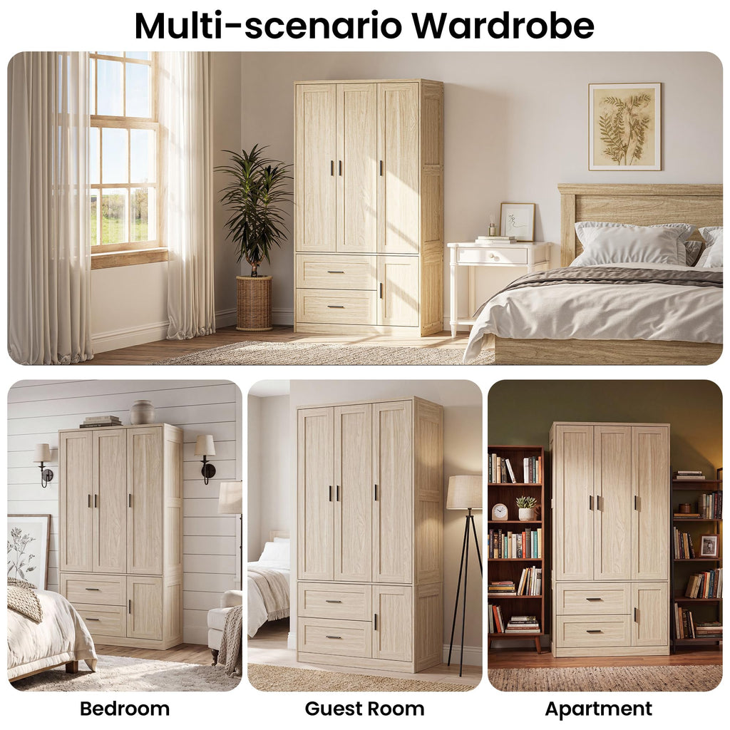 70.6 Inch Armoire Wardrobe Closet with Drawers (Light Oak)