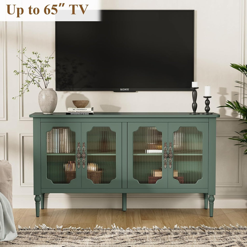 58" Sideboard Buffet Cabinet with Storage, Sideboard Cabinet, Green | Mid Century Storage Cabinet with Shelves and 4
