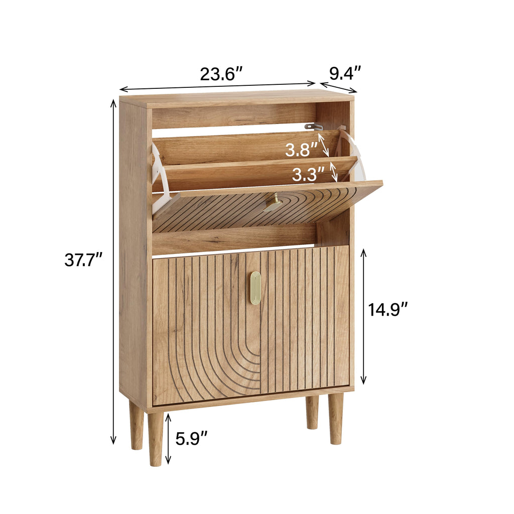 Shoe Cabinet with 2 Flip Drawers, 23.6" Oak Hidden Shoe Storage Cabinet with Line Groove Design, Freestanding Shoe