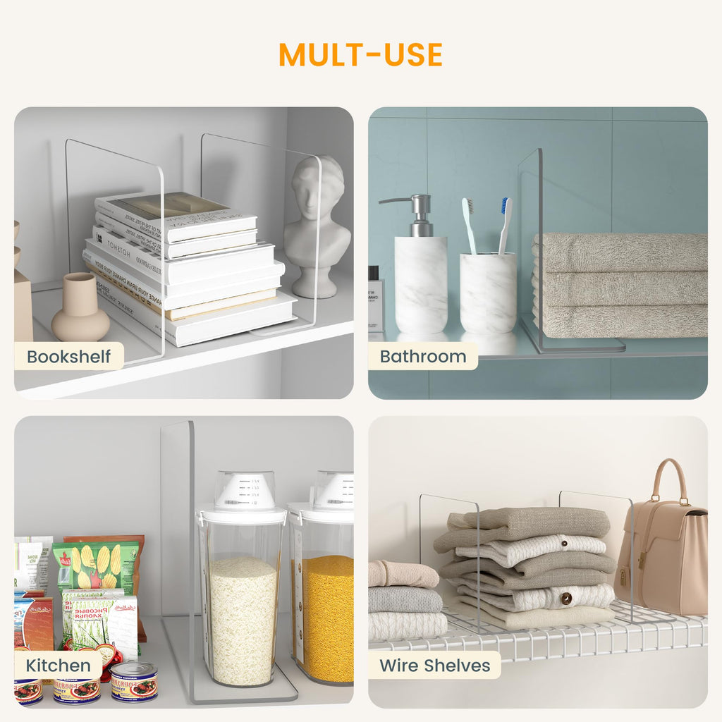Shelf Dividers for Closet Organization - Keep Sweaters & Purses Upright, Clear Acrylic Separators for Most Wood