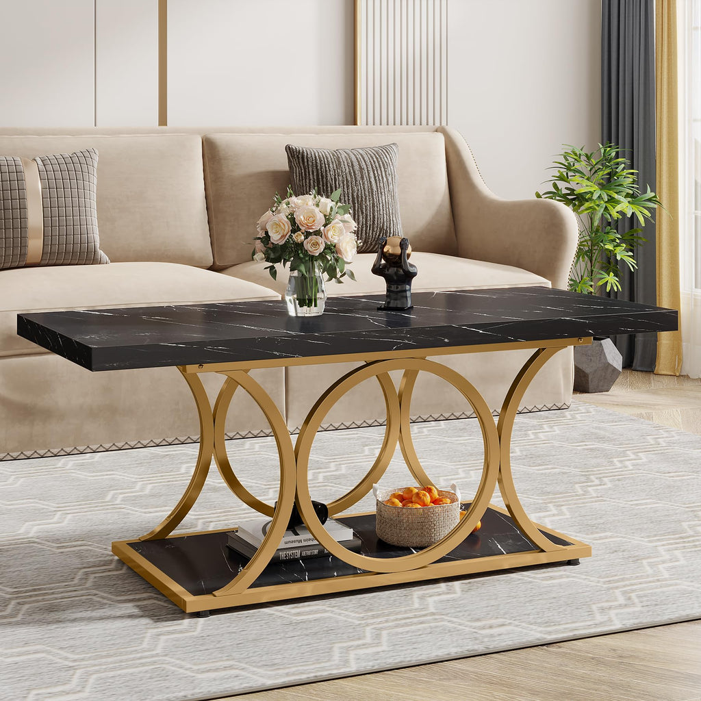 Rectangle Coffee Table, 47.24-inch Modern Coffee Tables, 2-Tier Faux Marble Wood Coffee Table with Geometric Metal