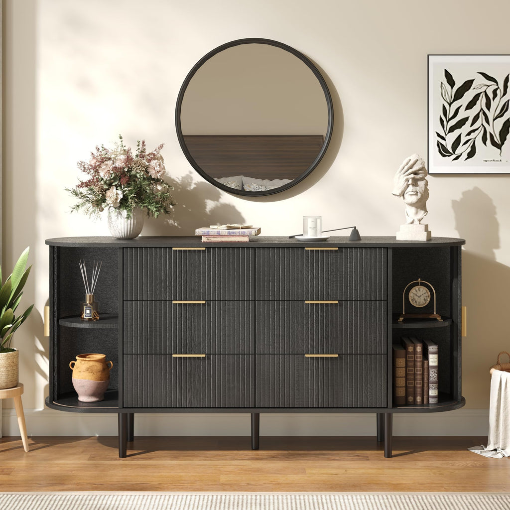 Fluted 6 Drawer Dresser, 63" Wide Modern Chest of Drawers with Gold Metal Handles, Curved Edge Design, Wood Storage
