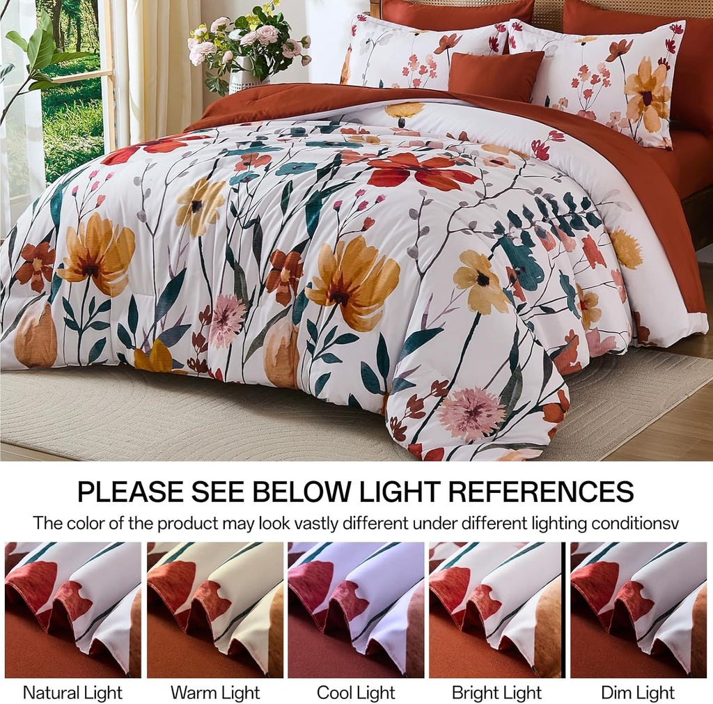 8-Piece King Comforter Set, Orange Watercolor Floral Bed in a Bag with Sheets and Pillowcases
