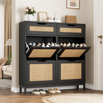 Rattan Shoe Cabinet, Boho Shoe Storage Cabinet with 4 Flip Drawers and 2 Drawers, Narrow Freestanding Shoe Rack with