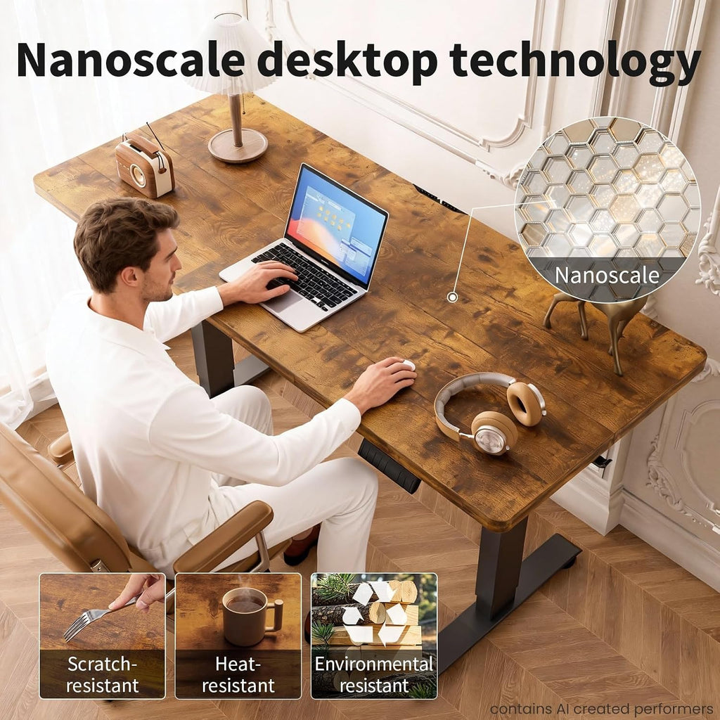 55 Inch Large Electric Standing Desk, Gaming Table, Brown | Height Adjustable Sit Stand Up Computer Tables , Study
