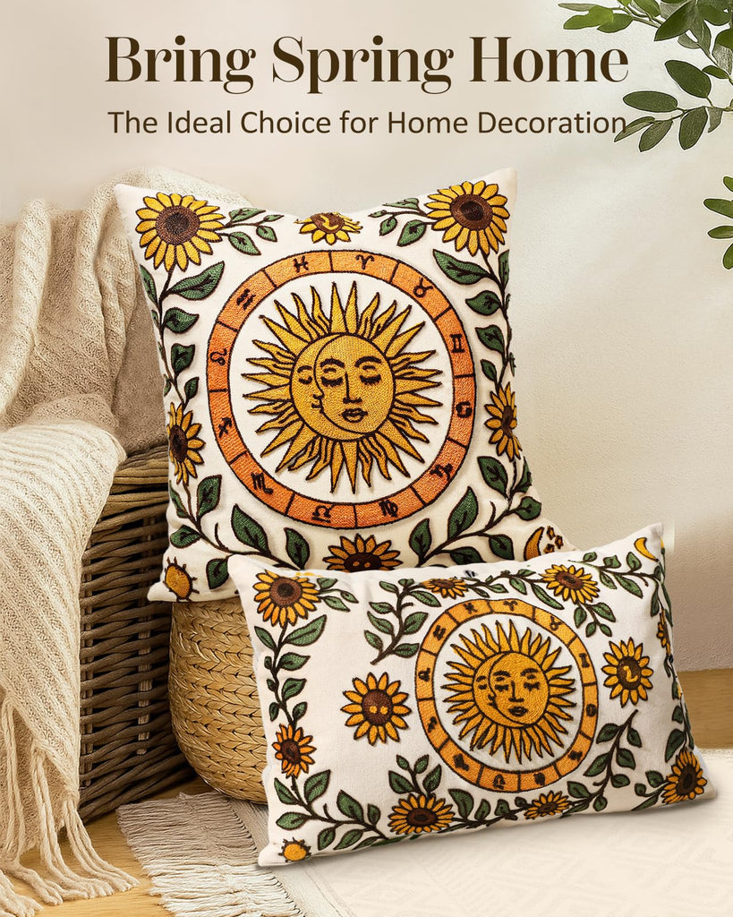 Embroidered Throw Pillow Cover 20x20 Inch, Sunflower Moon